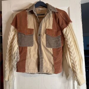 BKE Patchwork Corduroy & Cable Knit Fringe Jacket XS Boho Western Shacket